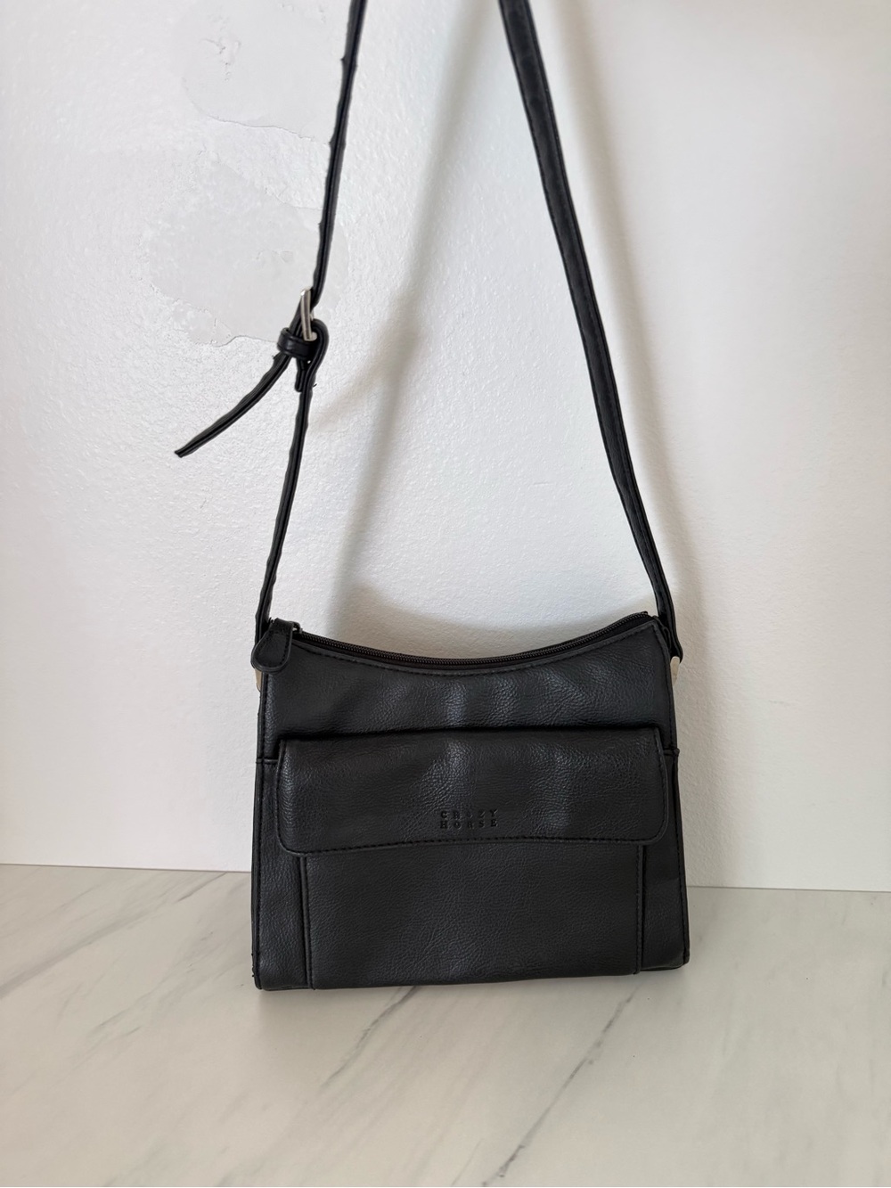 Vintage Crazy Horse Black Leather Crossbody Interior with Snap Pocket